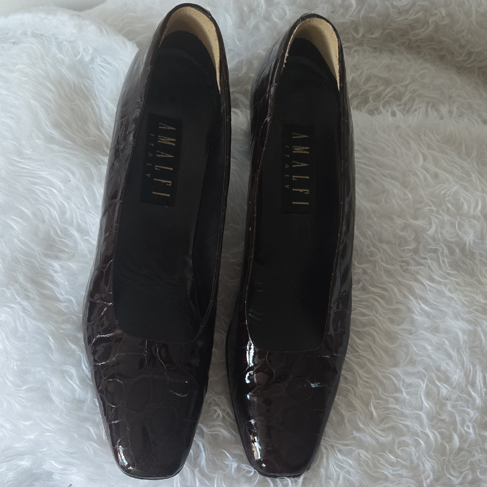 Amalfi Italy Women’s Brown Croc-Embossed Leather Square Toe Pumps Size 10 1/2